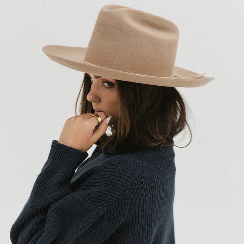 Gigi pip felt hat in light brown cream color THE CARA LOREN PENCIL BRIM …